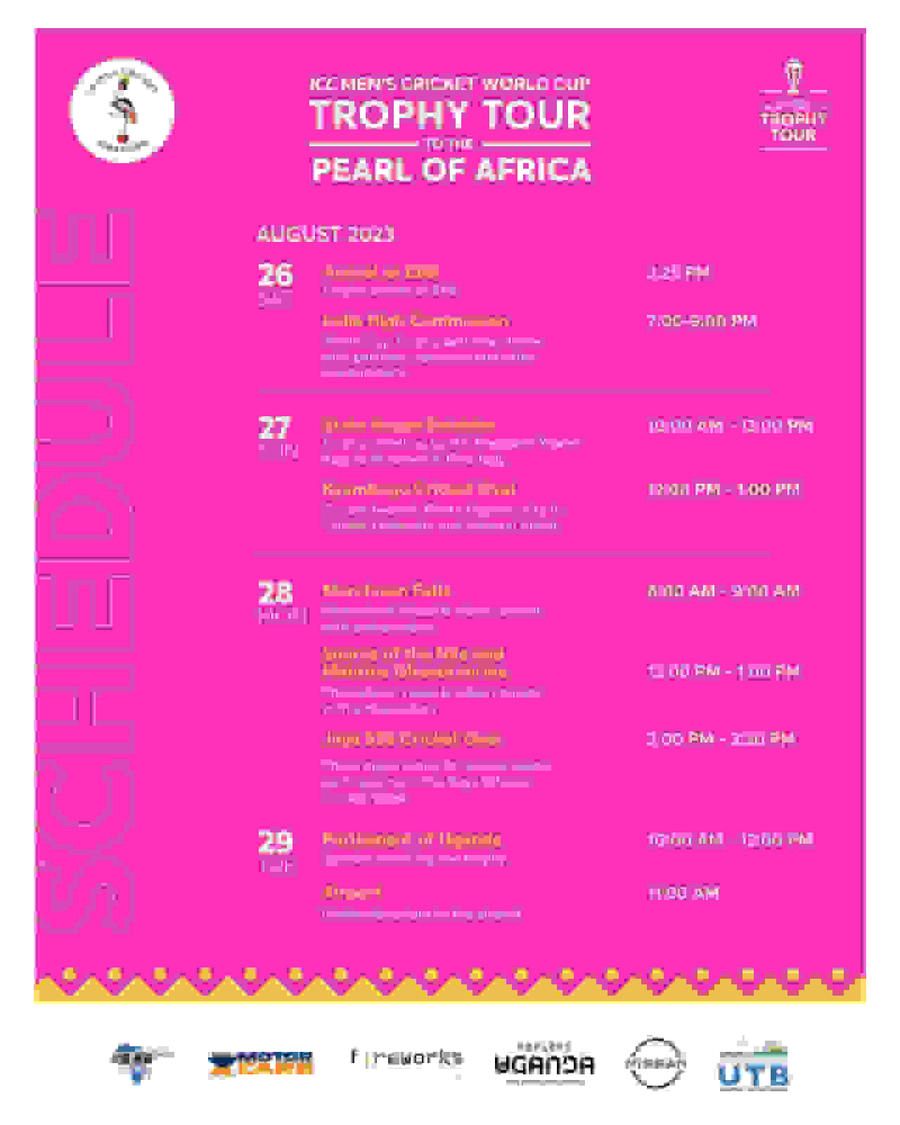 Uganda ICC Men’s Cricket World Cup Trophy Tour Schedule