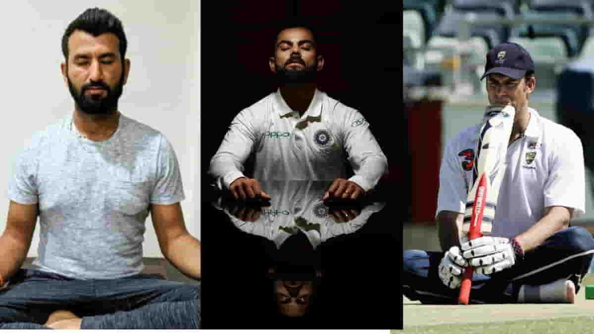 Focused cricketer practicing meditation for mental clarity on the field