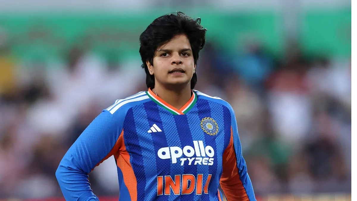 Shafali Verma of India looks on during the England and India, 1st Women's Vitality IT20 match at Ambassador Cruise Line Ground on May 28, 2026 in Chelmsford, England. (Photo by David Rogers/Getty Images)